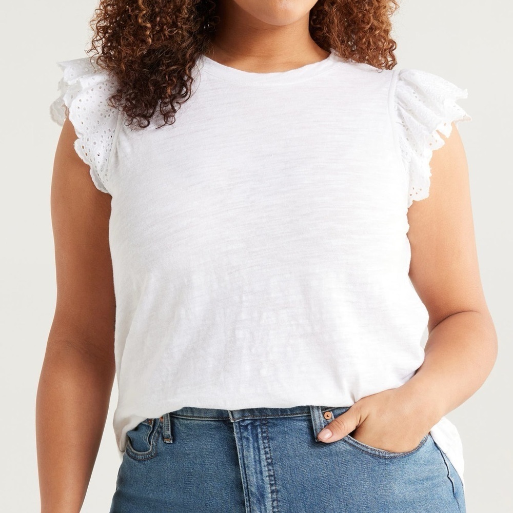Caslon White Mixed Media Eyelet Trim Top XS NWT